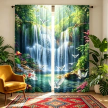 2pcs Natural Style Waterfall Forest Landscape Semi-Sheer Curtains, Polyester Material, With Rod Pocket, Modern Style, Machine Washable, Suitable For Bedroom And Multiple Rooms - Multicolor 2 - View 8