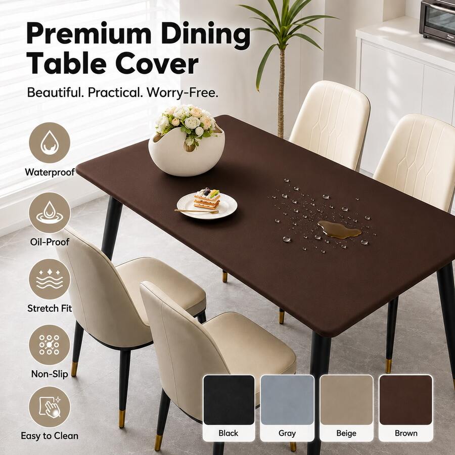 1 pieza Mantel impermeable de PU elástico, unicolor a prueba de aceite, funda ajustada para mesa de comedor, protector de mesa reutilizable a prueba de polvo con elástico para mesa de comedor, mesa de café & escritorio - Marrón [Impermeable] - Ver 1