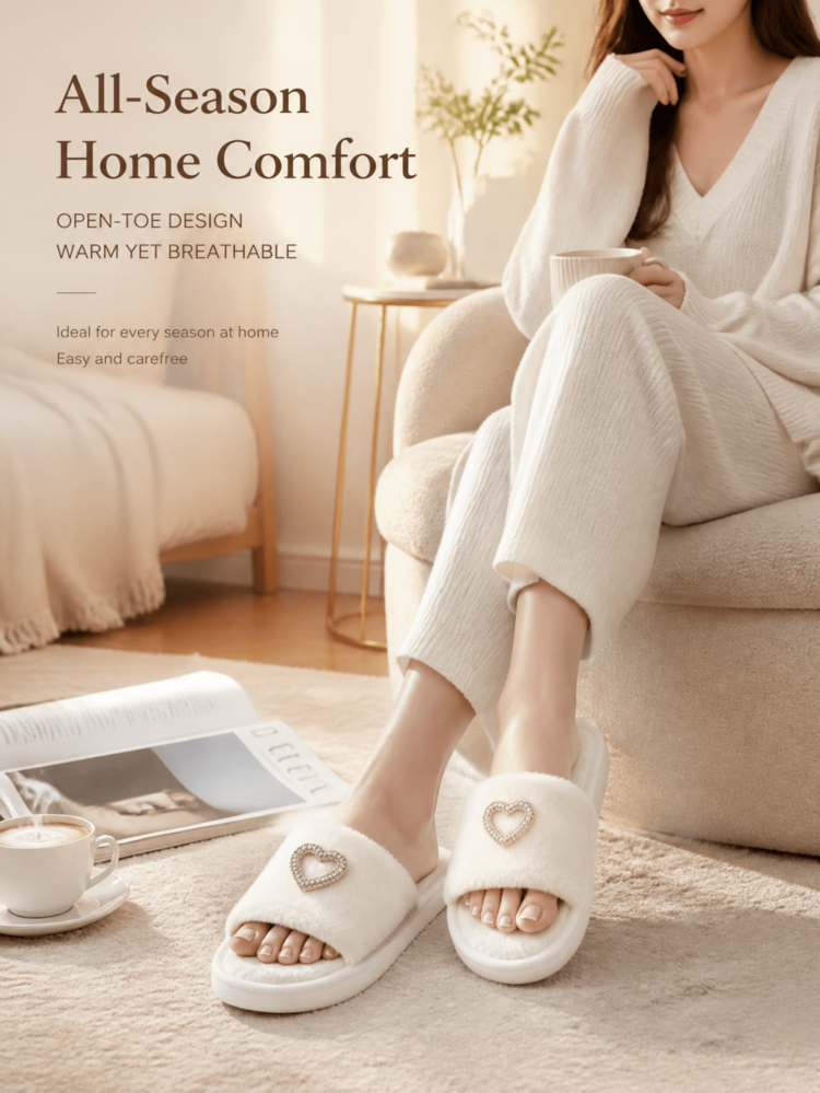 1 Pair White Fluffy Heart Rhinestone Women's Slippers, Elegant French Cream Style Fur Open Toe Shoes, All Season - White - View 5