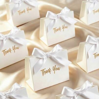 10/20pcs Elegant White Thank You Gift Boxes With Ribbon Bow - Gold Foil Wedding Favors, Party Candy Boxes, Birthday Goodie Bags Easy Assembly