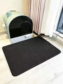 1pc Double Layer Waterproof Honeycomb Design Cat Litter Mat, Collects All Litter Box Waste, Non-Slip, Easy To Clean, Essential Pet Supplies - Black - View 2