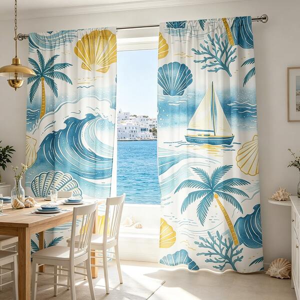 2 Stück Ozean-Thema Muschel & Wellen Vorhänge, 100% Polyester Material, Blau & Weiß Meeresleben Muster. Mit Vorhangstange Tasche, einfache Installation, perfekt für Küche und Badezimmer Dekoration