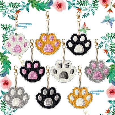 9pcs/Set 5D Cat Paw Diamond Painting Keychain Set, Mosaic Key Ring Pendant, Irregular Diamond 5D Diamond Painting Key Charm, Beginner Handmade DIY Bag Pendant Gift, Home Decor Ornament