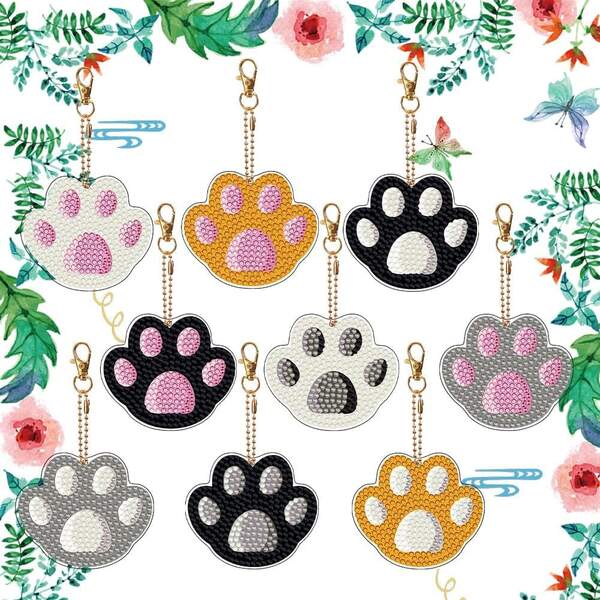9pcs/Set 5D Cat Paw Diamond Painting Keychain Set, Mosaic Key Ring Pendant, Irregular Diamond 5D Diamond Painting Key Charm, Beginner Handmade DIY Bag Pendant Gift, Home Decor Ornament