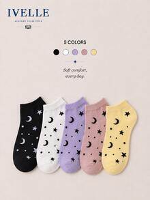5 Pairs Of 5-Color Women's Preppy Short Socks, With Star And Moon Patterns. They Are Comfortable, Soft And Breathable, Suitable For Daily Wear. - Multicolor - View 6