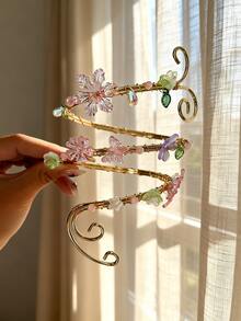 1件波希米亞風海灘花卉手臂飾品，可調節金色手臂配件，附粉色花朵與綠葉吊墜，夏季度假女性手臂珠寶 - 金黃色 - 查看 2