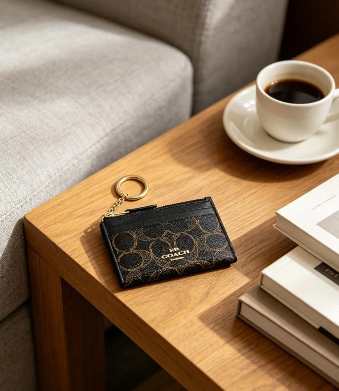 Coach Mini Skinny Id Card Case,Slim Front Pocket Wallet for Women Men,Credit Card Holder with Keychain,ID Window,Zipper Clourse