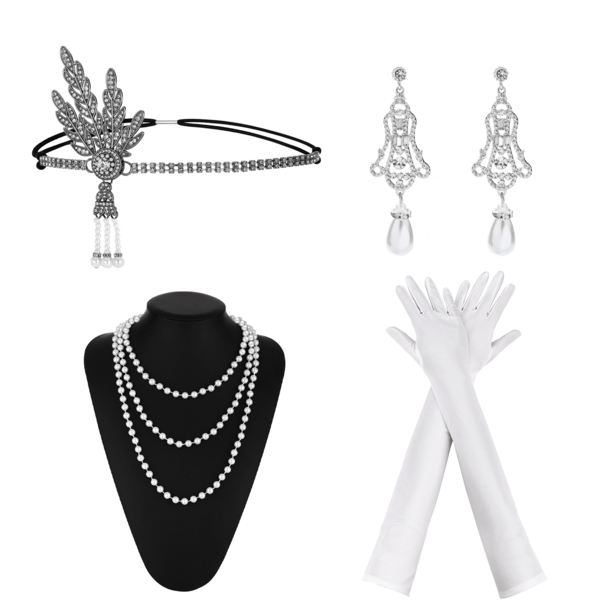 Conjunto de Decoração de Festa Estilo Vintage dos Anos 1920 - Tiara Decorativa, Luvas Longas, Adereços Decorativos e Brincos Pendentes