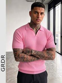 Men's Solid Color Casual Versatile Commute Knit Short Sleeve Top - Pink - View 10