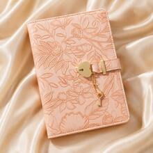 Vintage Embossed Floral Lockable Diary, Heart-Shaped Lock And Key, PU Leather Journal, Suitable For Daily Writing, Travel, School, Office, Personal Notes And Gifts School Supplies - A5 - View 7