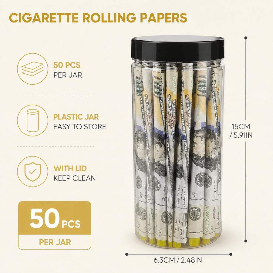 1 Paket Isi 50 Kertas Gulung Cone Siap Pakai, Motif Uang Kertas $100 Klasik, Kertas Gulung Serat Tanaman Alami, Pembakaran Lambat, Halus dan Bersih, Kemasan Portabel dengan Desain Emas yang Ditingkatkan - View 1