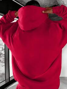 Men's Autumn/Winter Casual Fashion Minimalist Daily Commute Solid Color Kangaroo Pocket Drawstring Hoodie - Red - View 2