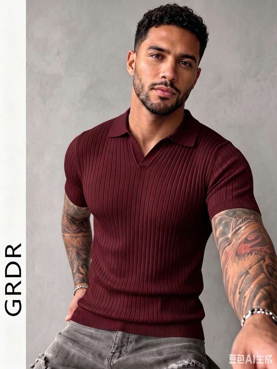 GRDR Men's Summer Airplane Collar Ribbed Solid Color Short Sleeve Knit Sweater, Suitable For Summer Outings, Essential For Fashionable Styling