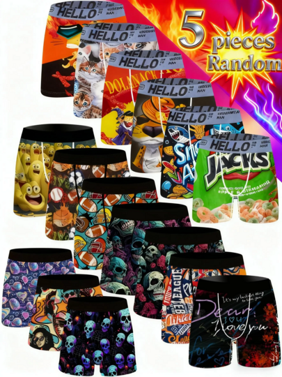 5 Pieces Men Graffiti And Game Controller Boxer Briefs- Breathable Random Print For Home, Swimming, And Casual Wear, Playful Pattern Boxer Briefs