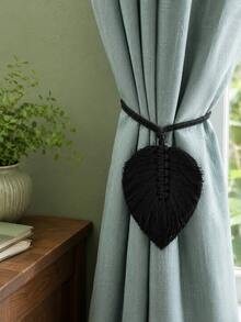 1pc Leaf Curtain Tieback, Bohemian Handmade Woven Curtain Holder, Hand-Knotted Leaf-Shaped Curtain Tieback, Bohemian Style Curtain Holder, Rustic Style Curtain Accessory, Tassel Leaf Curtain Decorative Tieback, Minimalist Bohemian Curtain Decor, Neutral Tone Curtain Holder, Suitable For Bedroom, Living Room, Children's Room, Kitchen, Country, Bohemian Style Interior Decor Home Curtain Accessory - Multicolor - View 2