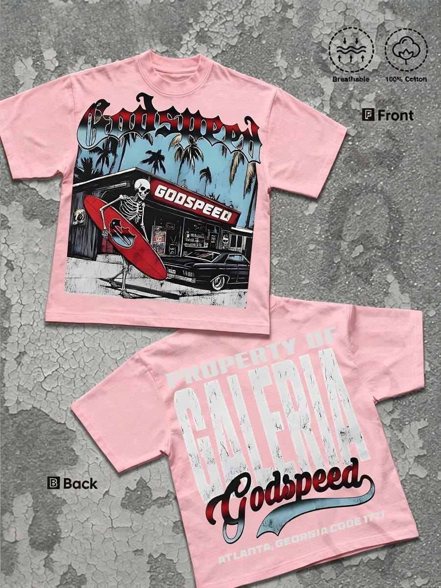 Street Life Men's Y2k Style Graphic Funny Printing (220 Pure Cotton T-Shirt) Godspeed Skull Tee: Surf & Atlanta Vibe,Men's Summer Round Neck Short - 粉色 - 查看 1