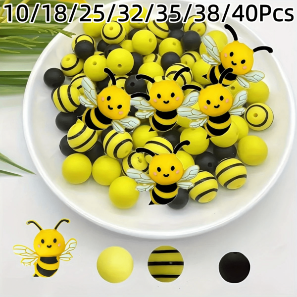 10/18/25/32/35/38/40顆 矽膠蜜蜂造型珠子，適用於DIY手鍊、鑰匙圈與手工藝－裝飾珠－蜜蜂與條紋圓形矽膠珠製作套組
