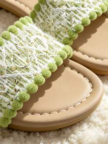 3-12 Years Old Children's Best-Selling Green And White Color Slippers, Hollow Lace Design, Green Pom Pom Trim, Mixed Style - Green - View 4