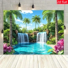1pc Tropical Coconut Grove Waterfall Water Scene Backdrop, Double Layered Mountain Spring Emerald Pond Palm Tree Pattern, Suitable For Summer Party, Indoor/Outdoor Background Decoration, Room, Garden And Summer Celebration - A - View 5