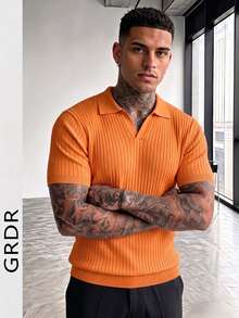 GRDR Men's Casual Solid Color Short Sleeve Ribbed Knit Sweater - Orange - View 9