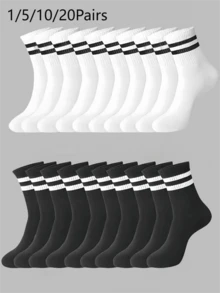 1/3/5/10/15/20 paires de chaussettes rayées mi-mollet, confortables et respirantes, chaussettes longues unisexes, blanches, convenant pour un usage quotidien, sportif et automnal - Multicolore - Voir 19