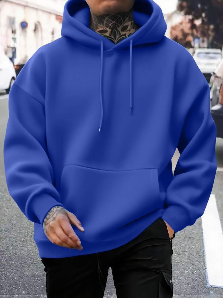 Men's Autumn/Winter Casual Fashion Minimalist Daily Commute Solid Color Kangaroo Pocket Drawstring Hooded Sweatshirt - Blue - View 1