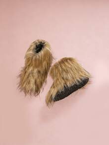 Girls' Khaki Brown Long Fur Snow Boots, Thick Warm Anti-Slip Soft Sole Autumn/Winter Boots - Brown - View 6