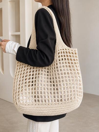 輕量休閒女款極簡大容量鏤空針織購物托特包