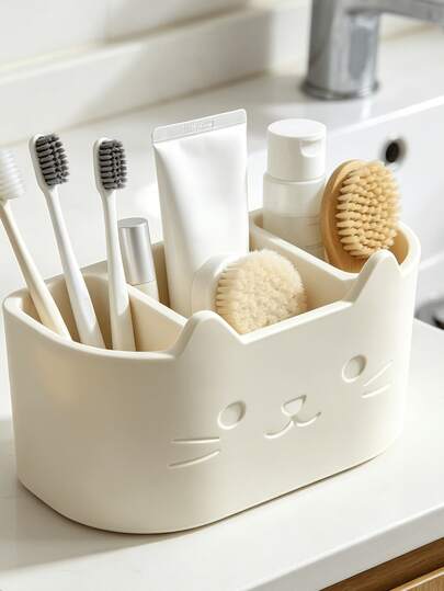 1pc Cat Design 3-Slot Toothbrush & Toothpaste Holder With Drainage Function, Multi-Functional Toothbrush & Toothpaste Storage Rack, Bathroom Accessory, Home Decor