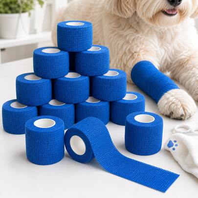 Selbstklebender Verband 12 Rollen, 10cm x 4,5m blaue elastische Haftbandage, atmungsaktive Fixierbinde fuer Erste Hilfe, Sport, Handgelenk, Fuss, Finger, Hunde, Katzen und Pferde, ohne Kleberueckstand