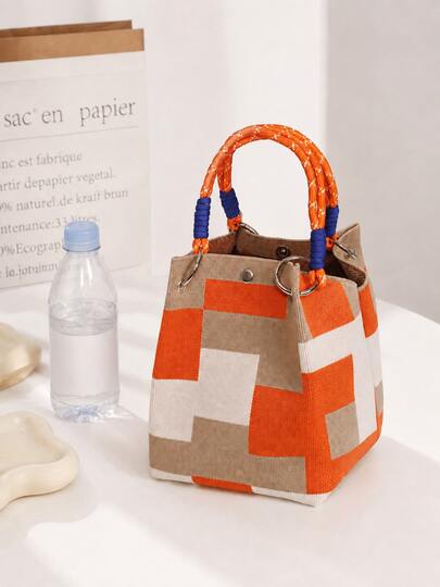 This Geometric Knit Handbag Features A Fresh Color-Block Pattern Design, Stylish And Eye-Catching Yet Versatile For Everyday Wear. The Bag Body Is Soft And Lightweight, Convenient For Hand-Carrying, Shoulder-Carrying Or Crossbody, Meeting Different Outing And Matching Needs. The Large Capacity Space Can Easily Store Phone, Wallet, Cosmetics, Keys, Umbrella And Other Personal Items, Suitable For Shopping, Commuting, Travel, Dating, Campus And Daily Casual Use. The Knit Material Has A Gentle Texture, And Looks Great Paired With Dresses, Jeans Or Vacation Style Outfits