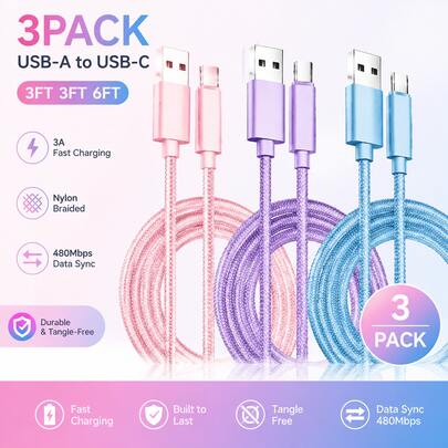 3入 USB Type C 快充線，相容 Android 手機，長度 3.3ft/6.6ft/9.9ft，USB A 轉 USB-C 高速充電與數據傳輸線，相容 Galaxy S24 S23 S22 S21 S20 Ultra S20+ Note 20 10 S10 S9 Plus A12 A11 A52, Pixel 6 5 4 4a 3a XL