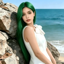 28吋女款綠色中分長直髮假髮，耐熱合成纖維，時尚修飾臉型，適合所有女性日常配戴、萬聖節、音樂節及其他場合 - 綠色 - 查看 2
