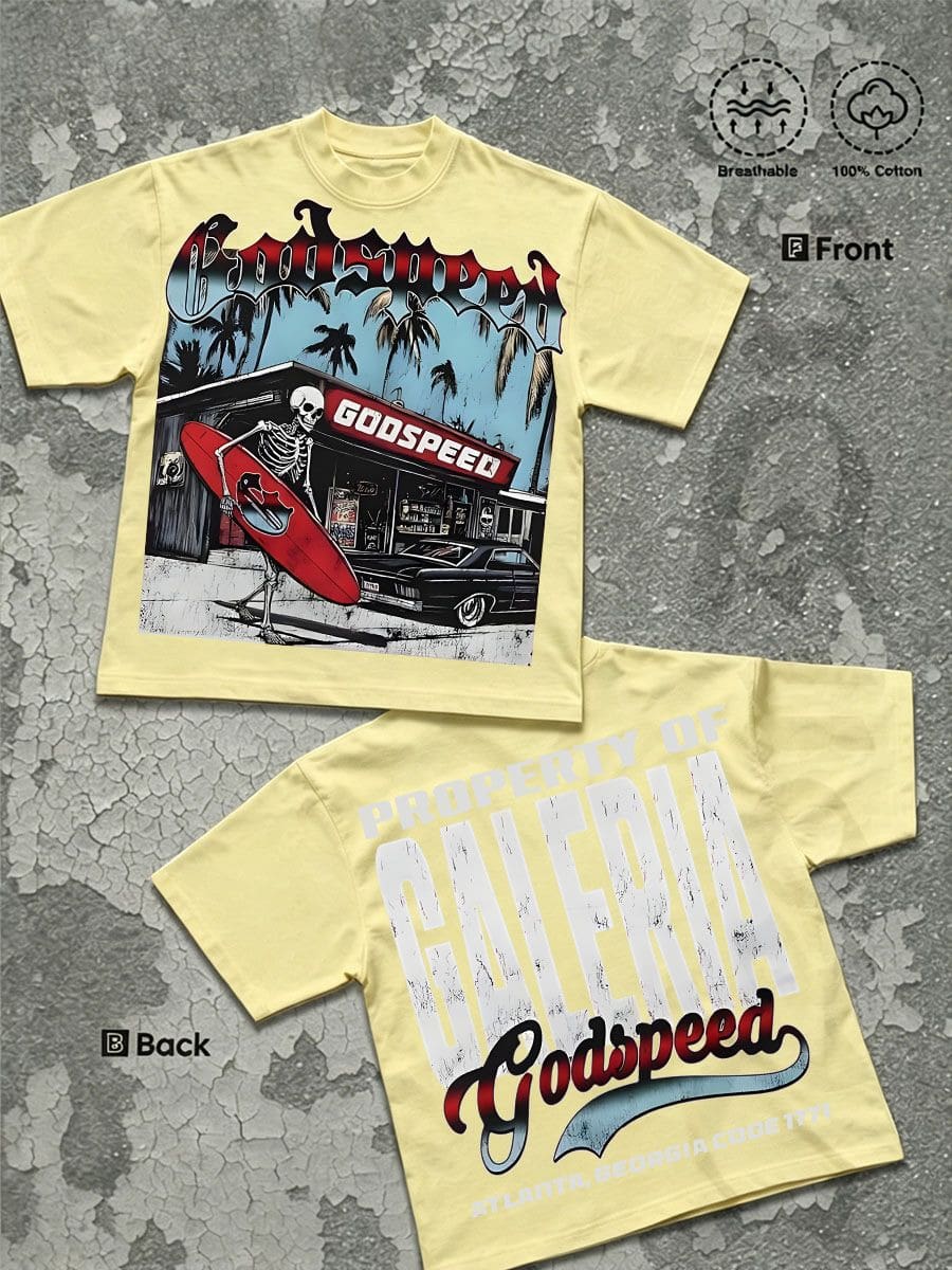 Street Life Men's Y2k Style Graphic Funny Printing (220 Pure Cotton T-Shirt) Godspeed Skull Tee: Surf & Atlanta Vibe,Men's Summer Round Neck Short - 黃色 - 查看 1