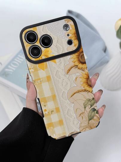 1pc Fashionable Personalized Yellow Plaid Lace Sunflower Pattern Full Coverage Classic Anti-Drop Premium Texture Grain PU Leather Soft Large Window New Full Coverage Phone Case, Suitable As Birthday Gift, Holiday Gift For Friends, Family, Couples, Yourself, Compatible With IPhone17/IPhone17Pro/16/15/14/13/14/12/11 Series