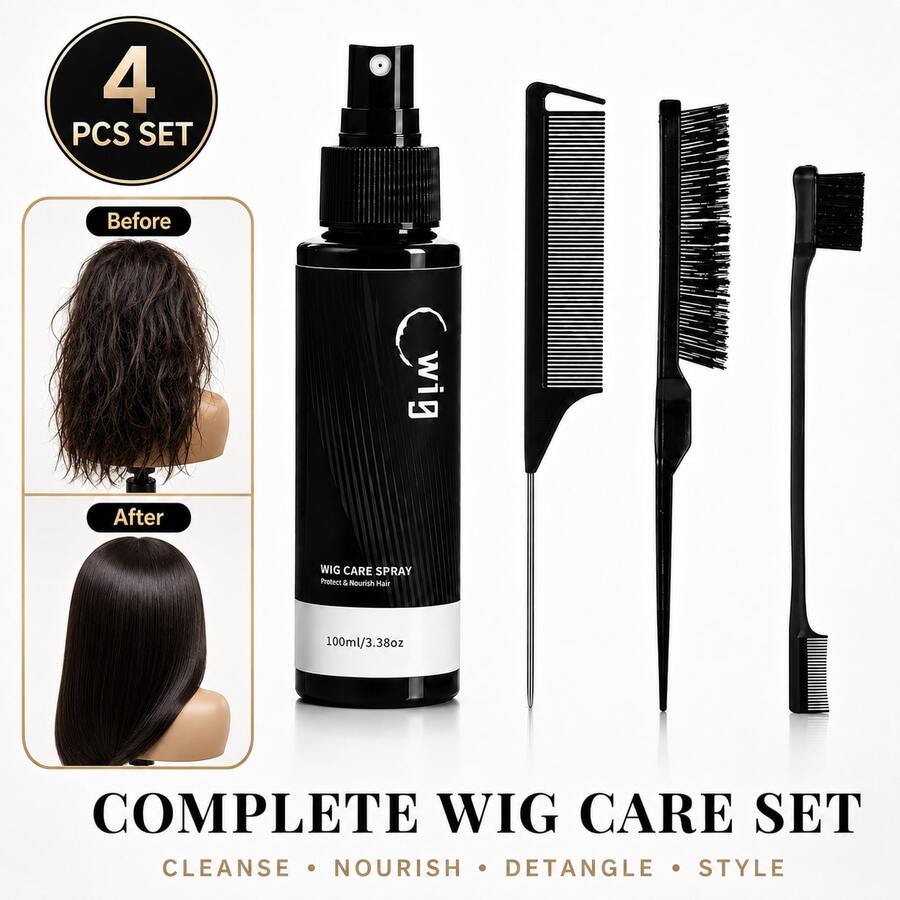 Set Perawatan Wig 4 Bagian, Termasuk Semprotan Rambut Tanpa Bilas, Sisir Ekor Tikus, Sikat Penambah Volume, dan Sikat Pinggiran, untuk Mengurai, Mengurangi Rambut Kusut, dan Mengembalikan Kilau pada Wig Rambut Sintetis dan Rambut Manusia