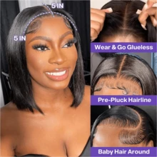 200% Density Wear And Go Straight 4x4 5x5 Lace Front Wigs For Women - Put And Go Glueless Lace Closure Wigs - #1B Natural Black Color Pre-Plucked Invisible Hairline Daily Wear Straight Mixed Human Blended Hair Frontal Hair Wigs Glueless Wig Daily Use - Natural & Black - View 3
