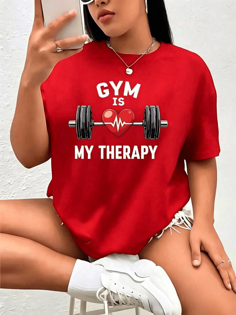 The Gym Is My Therapy. Plus Size Women's T-Shirt, 100% Fun, Short Sleeve, And Printed. Basic Cotton T-Shirts For Women, Y2K Blouses, Gym, Fitness, Casual. - 紅色 - 查看 1