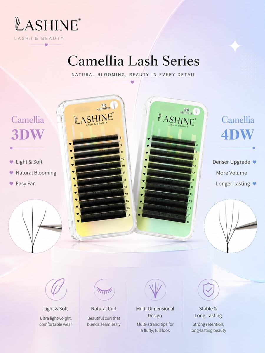 Lashine Camellia W-Shape Eyelashes, Fluffy & Dense, 3D 4D 0.07mm Mixed Style, Soft & Lightweight, Natural Look, Pre-Made Cluster Lash Fans