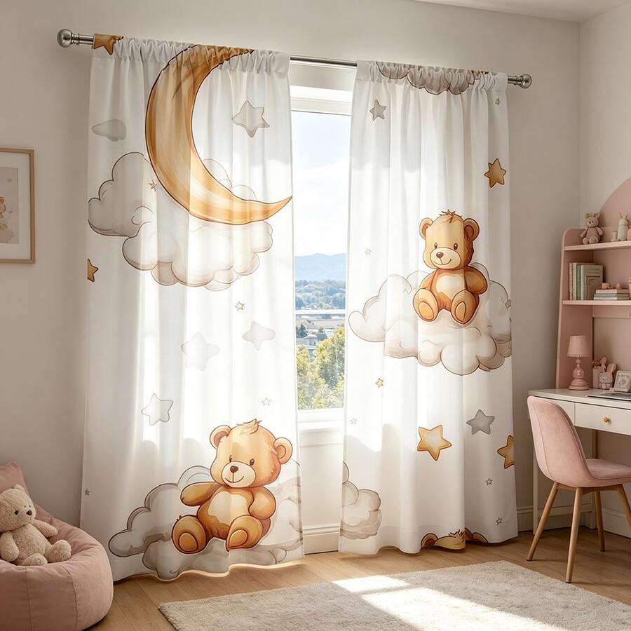 2pcs Dreamy Teddy Bear & Cloud Sheer Curtains - 100% Polyester Semi-Transparent Rod Pocket Curtains For Bedroom, Living Room, Kitchen And Study - Machine Washable Modern Home Decor, Interesting Design, Semi-Transparent Polyester Material