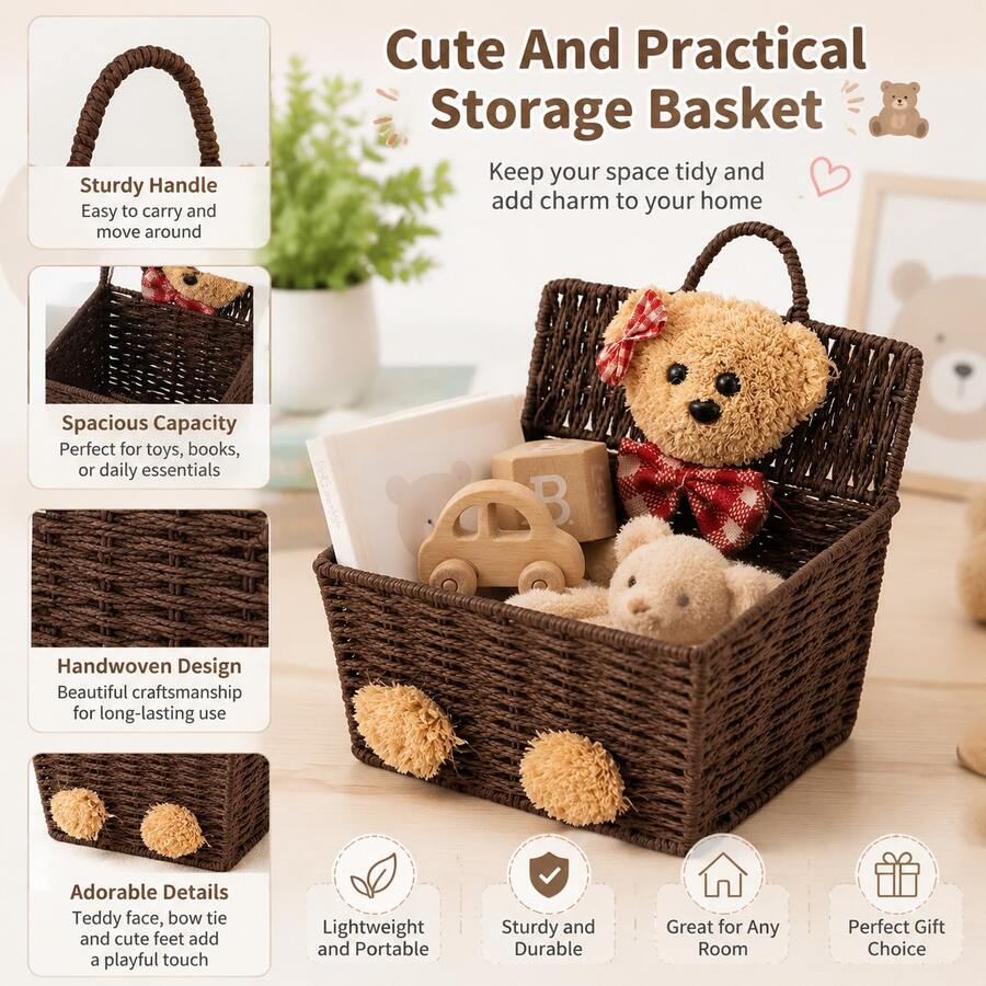 1pc Woven Rope Storage Basket, Teddy Bear Toy Storage Bin, Bedroom Decor Laundry Basket, Rectangular Handmade Plush Bow Handle, Wicker Brown Home Storage Bucket, Gift - Multicolor - View 1