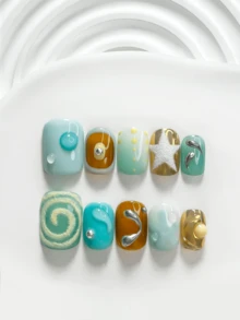 10件時尚手工穿戴式美甲，Polygel美甲套組，波點與星星圖案，藍色、棕色、金色、綠色指甲油，極簡風格，附美甲工具，3種尺寸可選，方形、短方形、杏仁形，適合派對、舞蹈、日常穿戴 - 彩色 - 查看 13