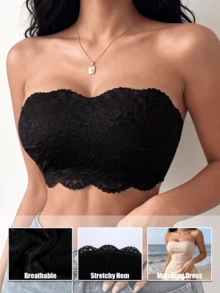 3pcs/Set Wavy Edge Floral Lace Bandeau Bra, Non-Wired Non-Padded Bandeau Bra, Anti-Slip Bandeau Bra, Suitable For Daily Layering - Multicolor - View 2