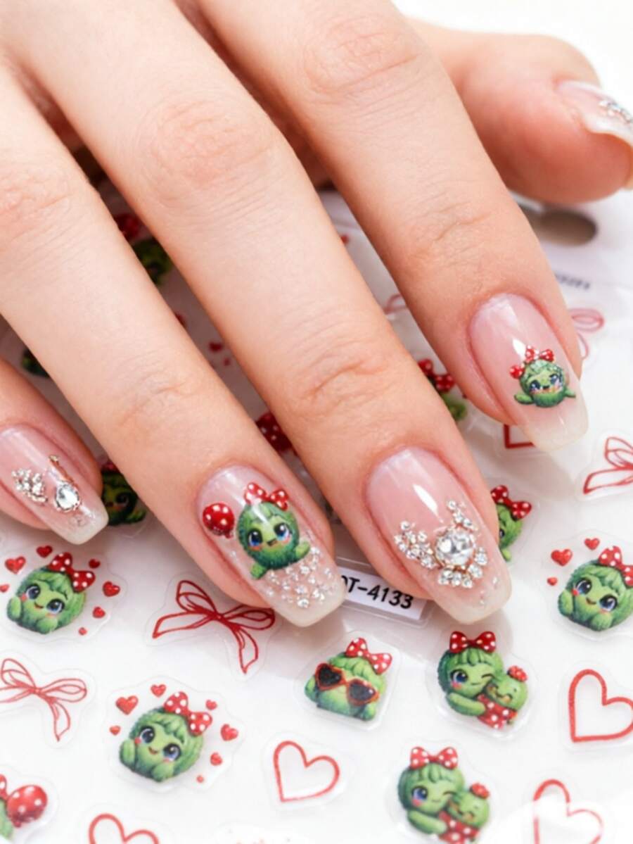 1pc Cartoon Cactus Nail Stickers, Simple Hollow Red Bow & Heart Nail Sliders, Self-Adhesive Disposable Embossed Nail Art, Cute Soft Style, Suitable For Daily Wear And Dates - Multicolor - View 1