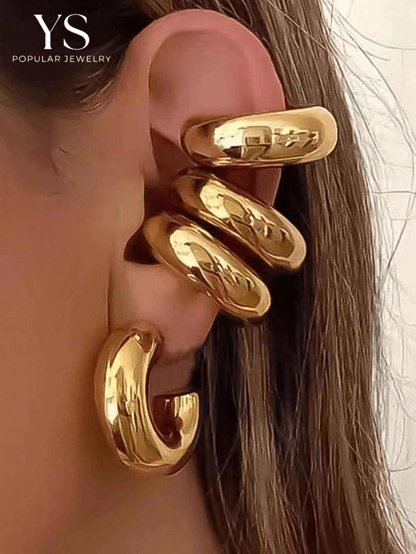 4pcs/Set Exaggerated European And American Hip-Hop Style Hoop Earrings With Ear Clips, Gold-Tone