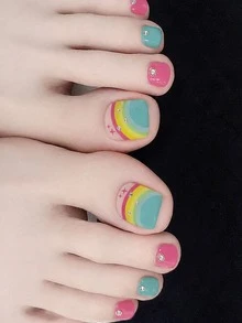 1片可愛全覆蓋腳趾甲貼紙,多彩設計搭配彩虹圖案,適合女孩與女性,易貼易撕 - 青碧色 - 查看 3