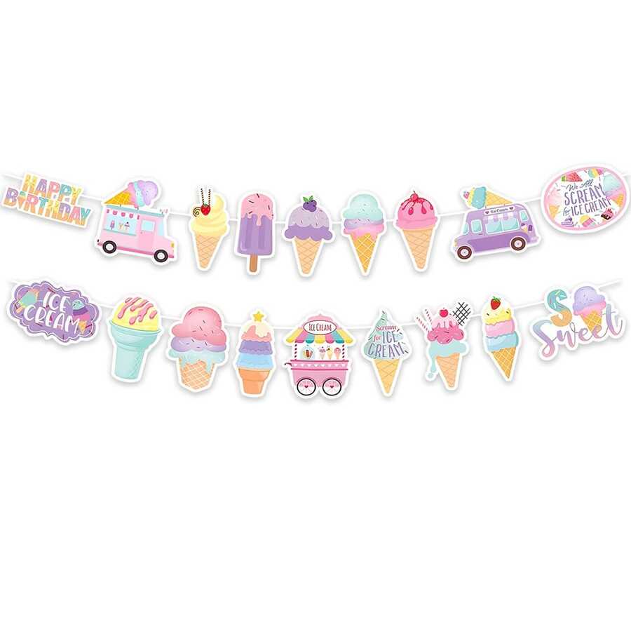 1Set (Including 18pcs) Party Banners - Ice Cream Themed Happy Birthday Banner - Cute Multicolor Ice Cream Cone Popsicle Ice Cream Truck Design Hanging Decor - View 1