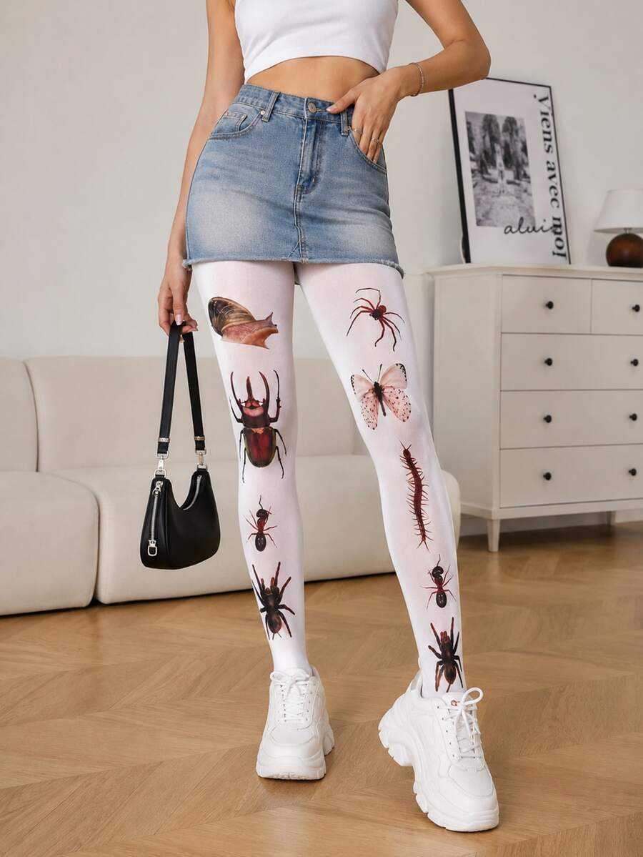 1雙女款白色昆蟲圖案過膝襪,柔軟彈性大腿襪,適合Y2K暗黑學院風 - 白色 - 查看 1