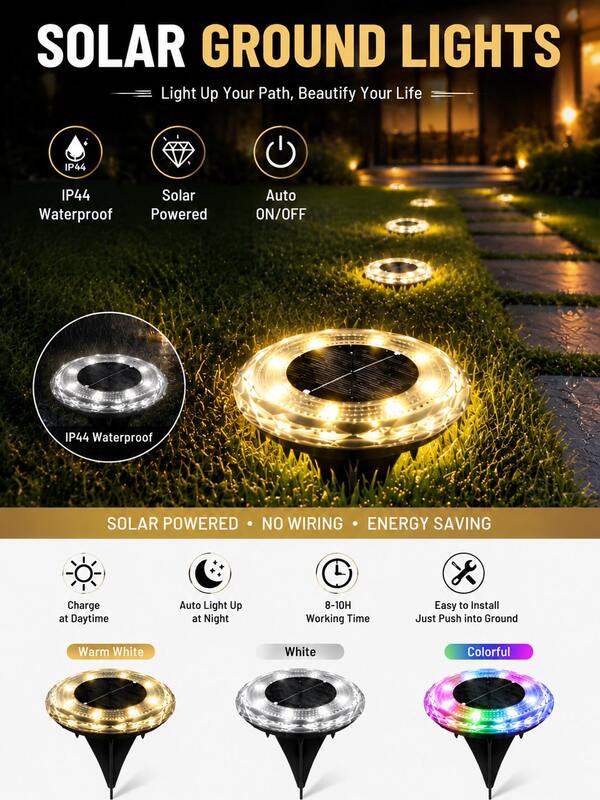 4/8/12pcs Waterproof Solar Ground Lights, Dusk To Dawn Dual Color Buried Lights, Wireless Landscape Lighting, Suitable For Lawn, Patio, Driveway And Yard Decoration, Solar/Path/Ground/Step/Garden/Waterproof Lights