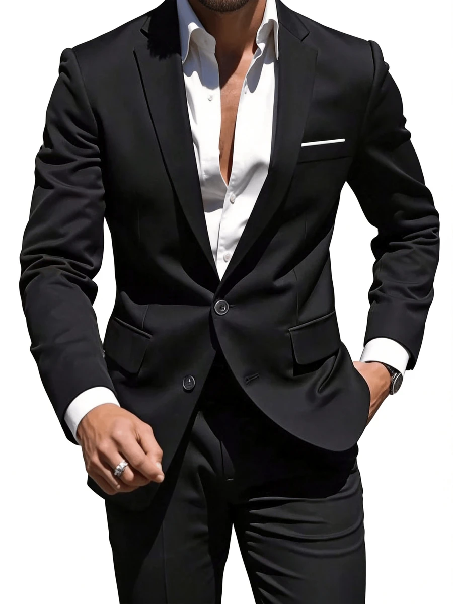Men's 2 Piece Mode Regular Fit Men's Solid Color Long Sleeve Blazer & Suit Pants Suit Formal Wedding Suit For Men With Lapel Jacket Tailored Pants - màu đen - Xem 1